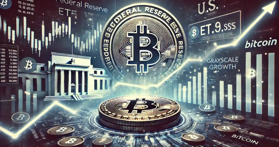 Illustration de l'effet des données économiques américaines sur le Bitcoin, avec un symbole de Bitcoin en déclin, des graphiques financiers fluctuants, et un symbole du dollar américain en hausse.