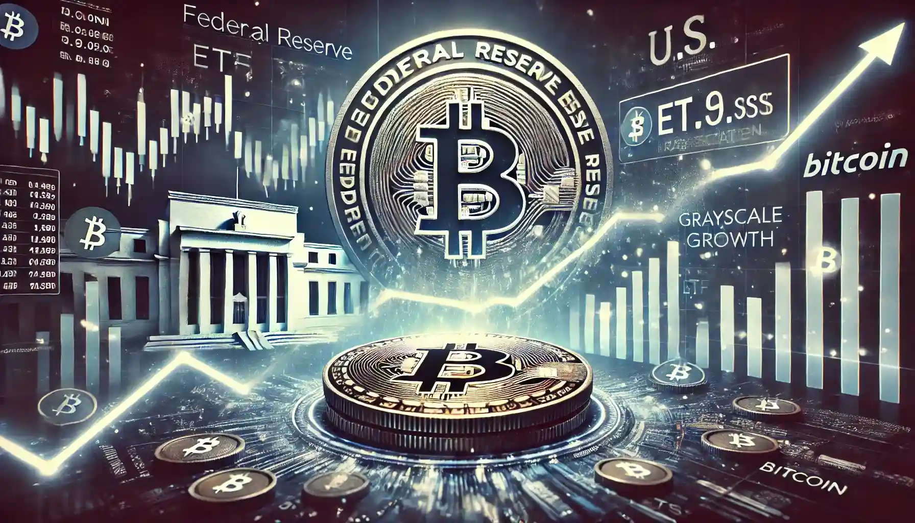 Illustration de l'effet des données économiques américaines sur le Bitcoin, avec un symbole de Bitcoin en déclin, des graphiques financiers fluctuants, et un symbole du dollar américain en hausse.