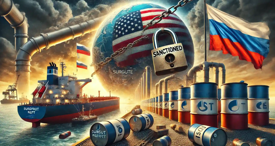 Illustration des sanctions américaines sur le pétrole russe avec des pétroliers sanctionnés, un pipeline verrouillé, et des symboles géopolitiques comme un globe partiellement couvert du drapeau américain et des barils de pétrole en désordre.