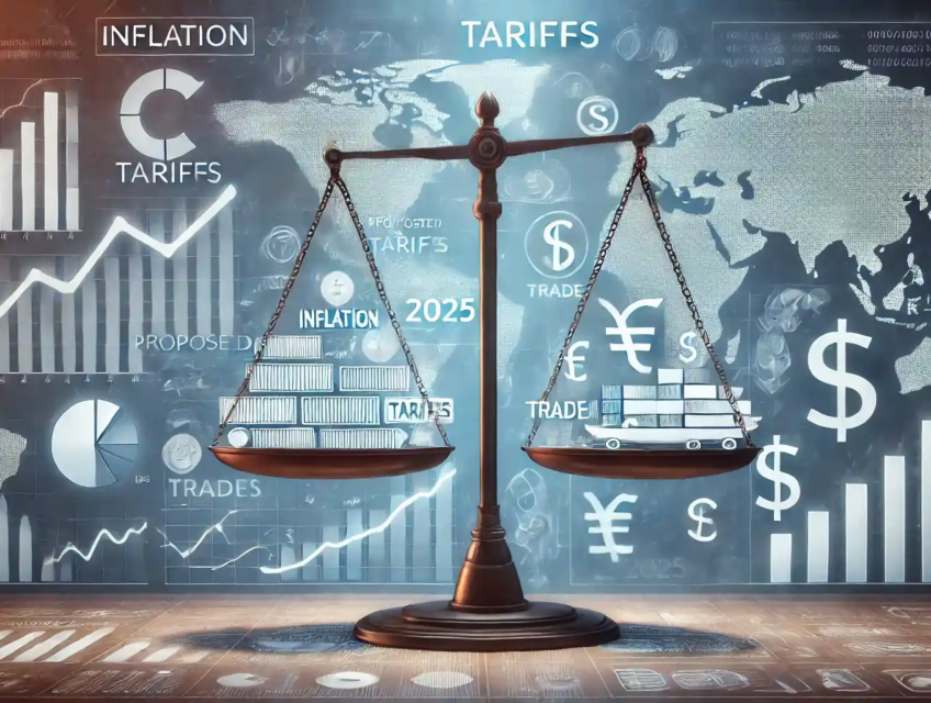 Illustration représentant l’impact des tarifs douaniers sur l’inflation et le commerce, avec une balance symbolique et des graphiques financiers.