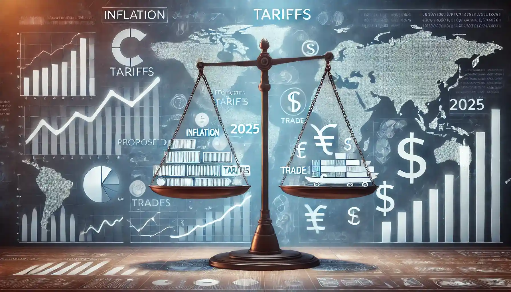 Illustration représentant l’impact des tarifs douaniers sur l’inflation et le commerce, avec une balance symbolique et des graphiques financiers.