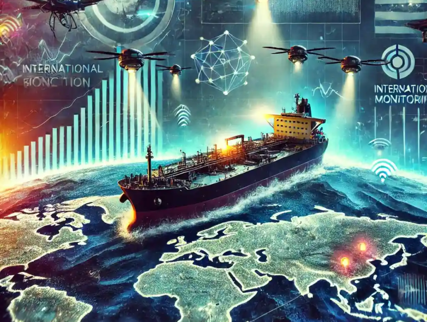 Illustration of an oil tanker under surveillance, symbolizing the effects of sanctions on Russia's oil trade.