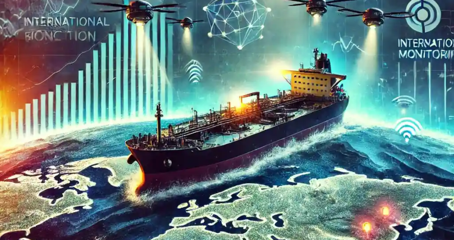 Illustration of an oil tanker under surveillance, symbolizing the effects of sanctions on Russia's oil trade.
