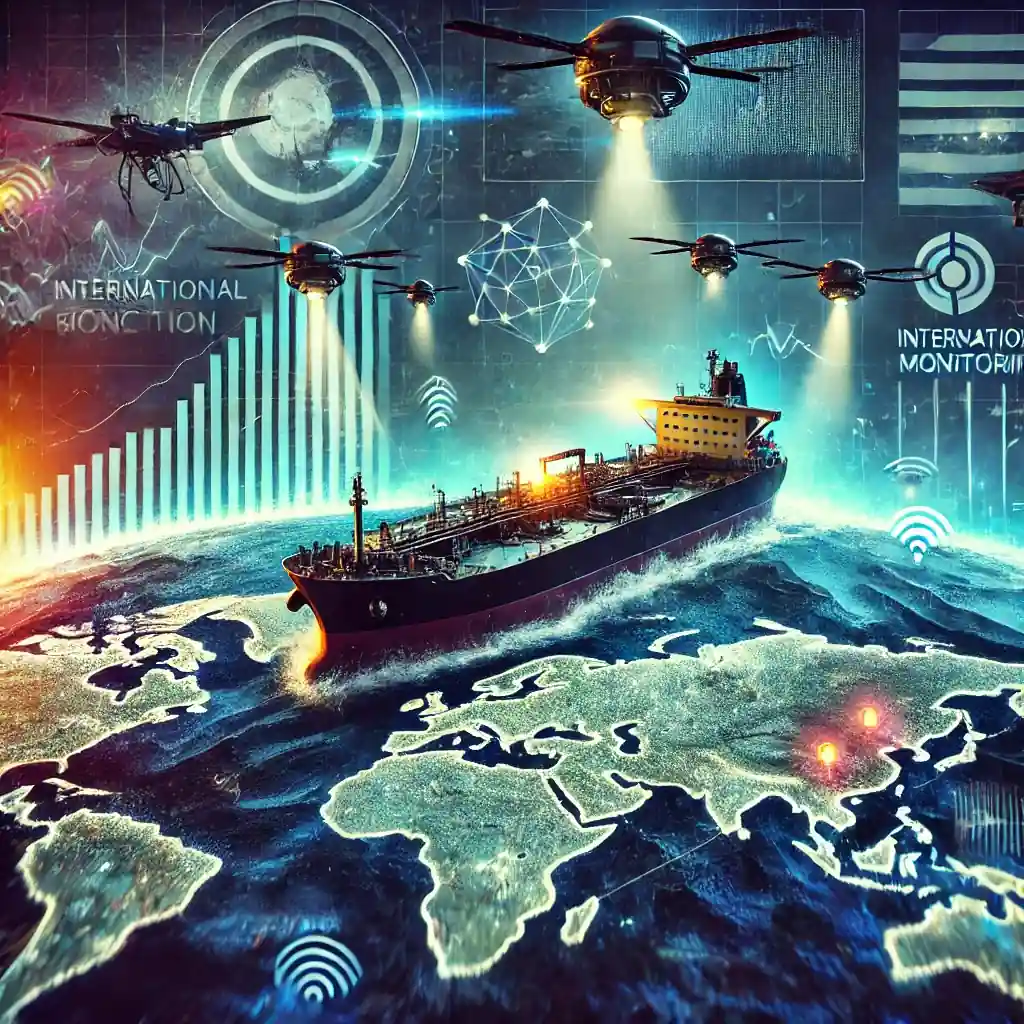 Illustration of an oil tanker under surveillance, symbolizing the effects of sanctions on Russia's oil trade.