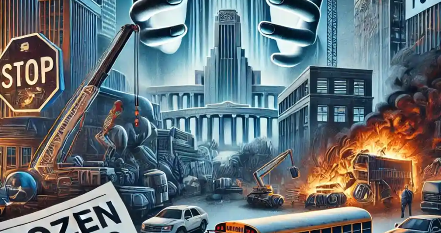 An illustration of halted federal funding, featuring a darkened cityscape, 'frozen funds' sign, and legal documents symbolizing political tension.