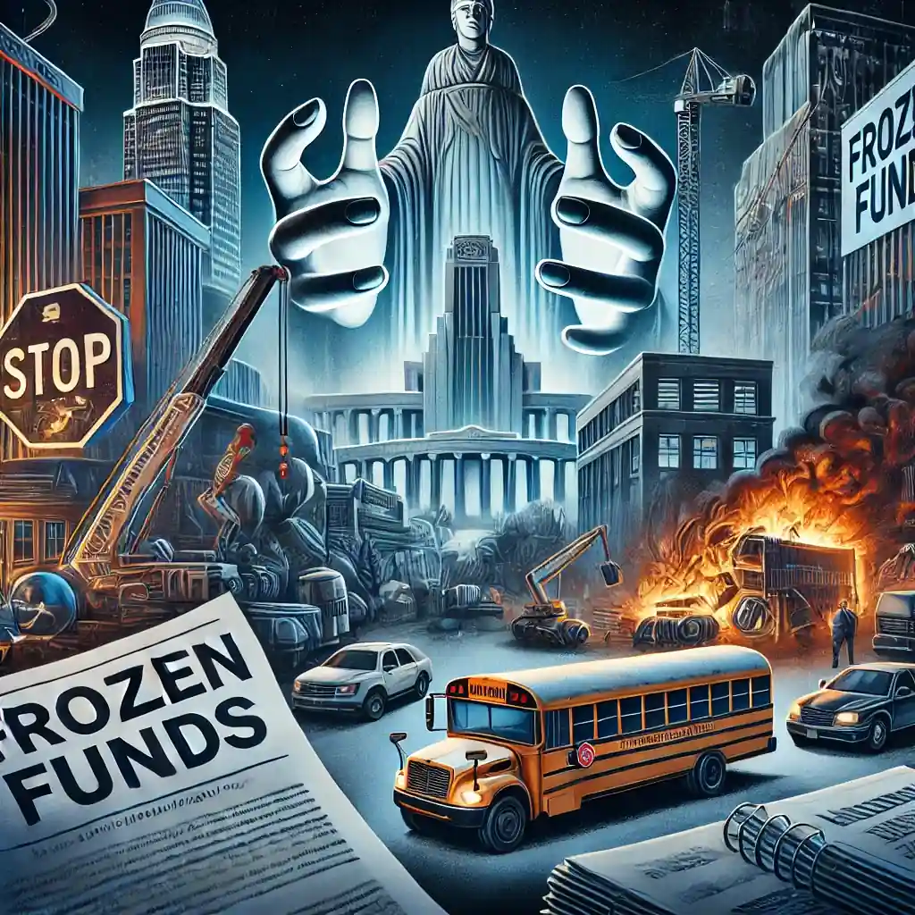 An illustration of halted federal funding, featuring a darkened cityscape, 'frozen funds' sign, and legal documents symbolizing political tension.