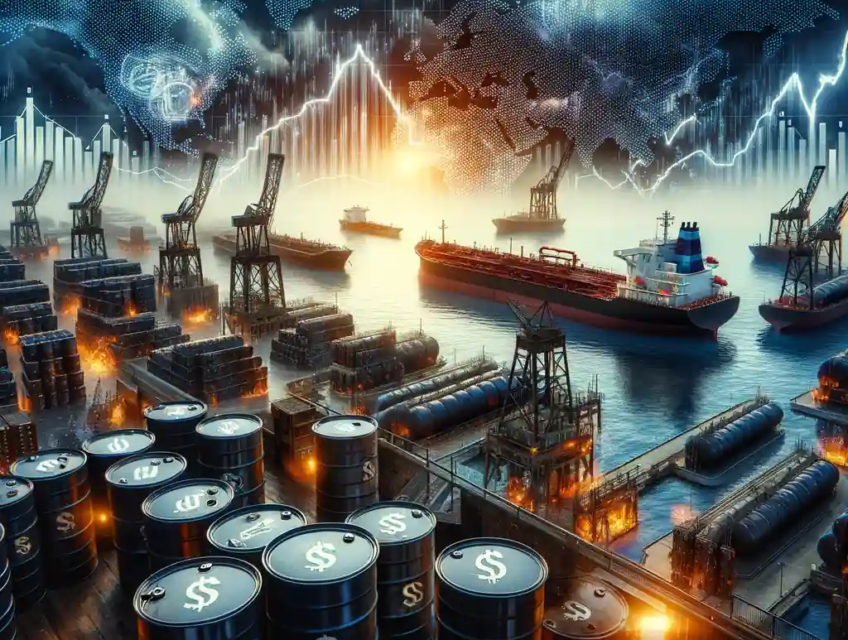 A dramatic digital illustration depicting the impact of US sanctions on Russia’s oil exports. The scene shows oil barrels stacked in a dockyard, stranded tankers offshore under stormy skies, and a rising graph of Brent crude prices. A global map highlights affected regions like Russia, China, India, and the Middle East.
