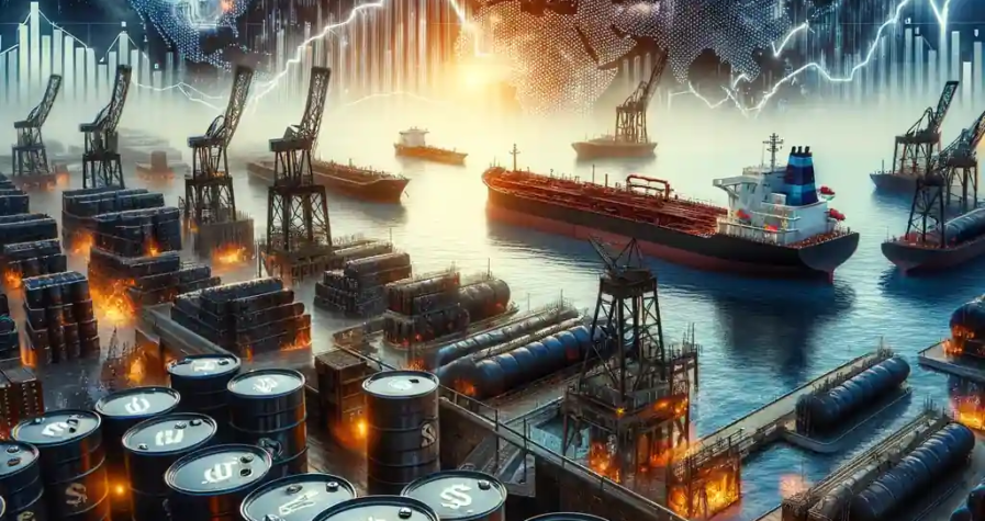 A dramatic digital illustration depicting the impact of US sanctions on Russia’s oil exports. The scene shows oil barrels stacked in a dockyard, stranded tankers offshore under stormy skies, and a rising graph of Brent crude prices. A global map highlights affected regions like Russia, China, India, and the Middle East.