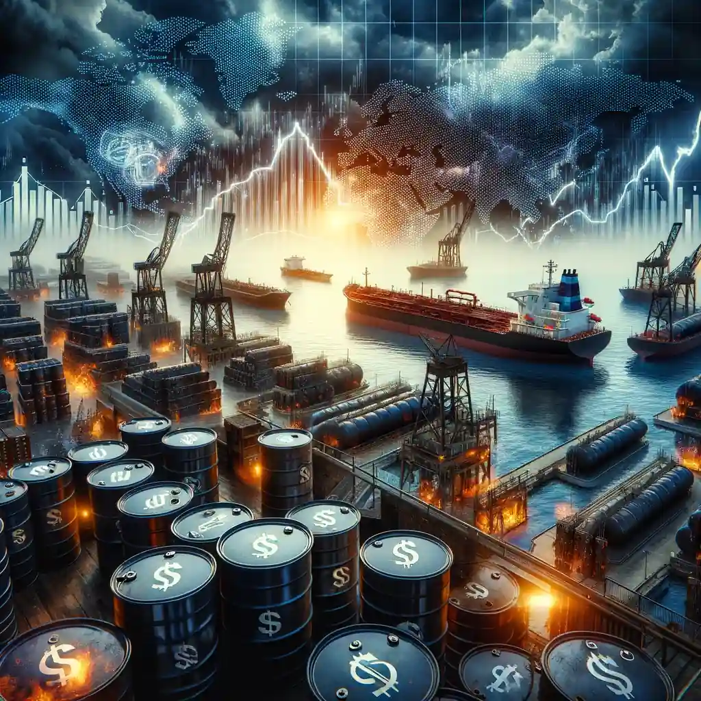 A dramatic digital illustration depicting the impact of US sanctions on Russia’s oil exports. The scene shows oil barrels stacked in a dockyard, stranded tankers offshore under stormy skies, and a rising graph of Brent crude prices. A global map highlights affected regions like Russia, China, India, and the Middle East.