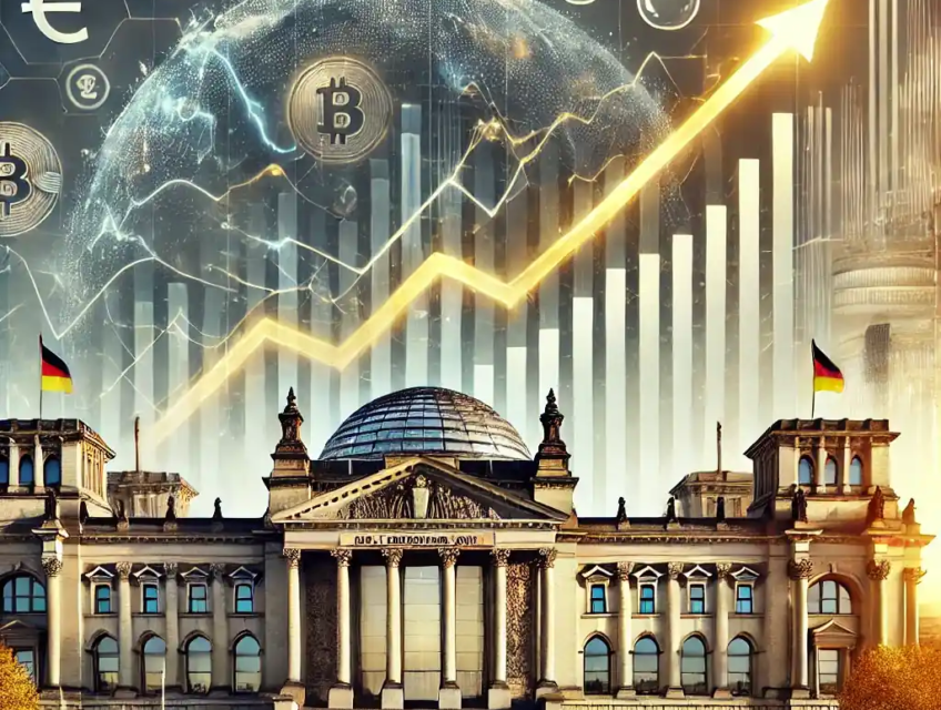 Illustration des tendances de l'inflation en Allemagne en décembre 2024, avec des graphiques financiers, des symboles énergétiques et le Bundestag en arrière-plan.