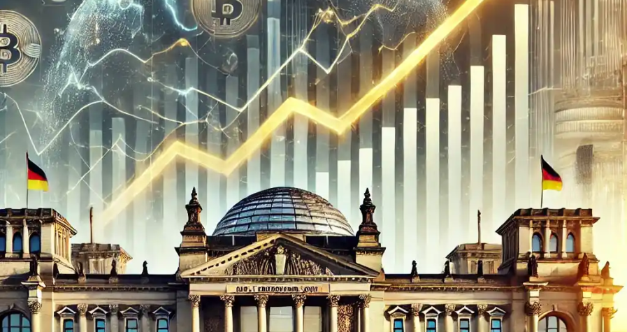 Illustration des tendances de l'inflation en Allemagne en décembre 2024, avec des graphiques financiers, des symboles énergétiques et le Bundestag en arrière-plan.