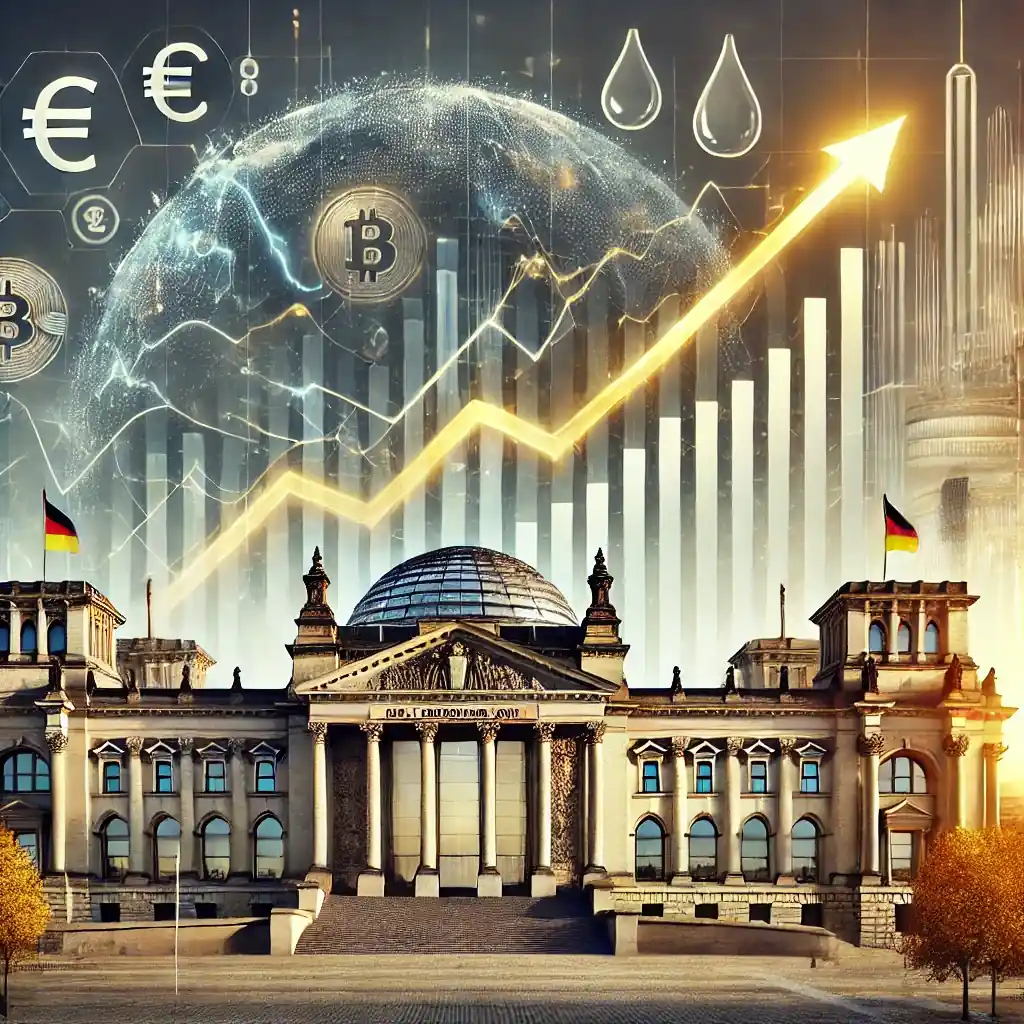 Illustration des tendances de l'inflation en Allemagne en décembre 2024, avec des graphiques financiers, des symboles énergétiques et le Bundestag en arrière-plan.