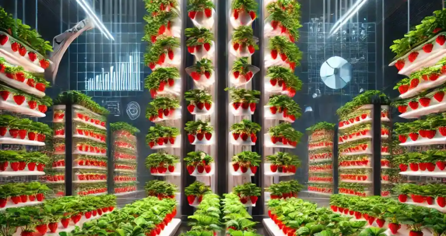 A futuristic indoor vertical farm showcasing vibrant red strawberries growing in stacked vertical rows under LED lights in a high-tech facility.