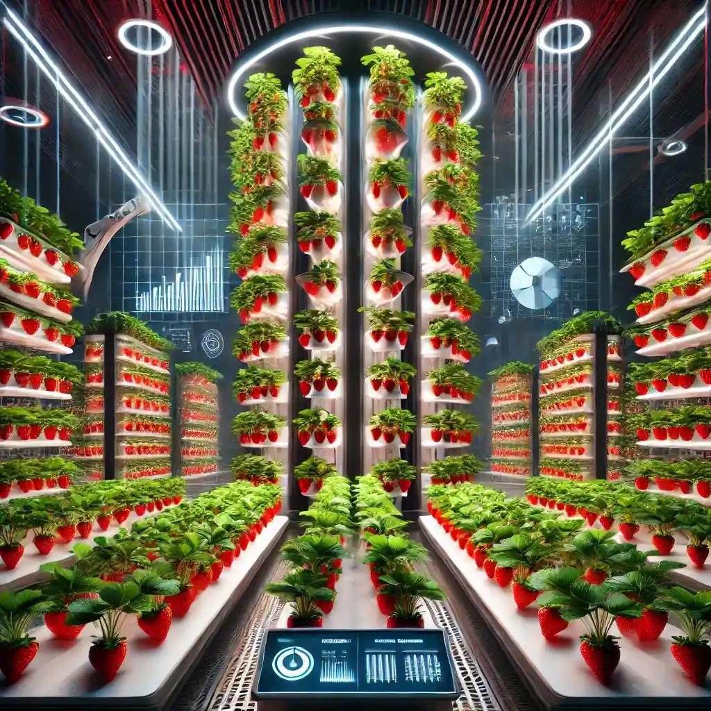 A futuristic indoor vertical farm showcasing vibrant red strawberries growing in stacked vertical rows under LED lights in a high-tech facility.
