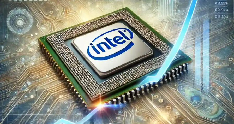 Illustration représentant l'ascension boursière d'Intel avec un graphique financier en hausse, un microprocesseur et des éléments visuels liés à l'intelligence artificielle et à la concurrence dans le secteur des semi-conducteurs.