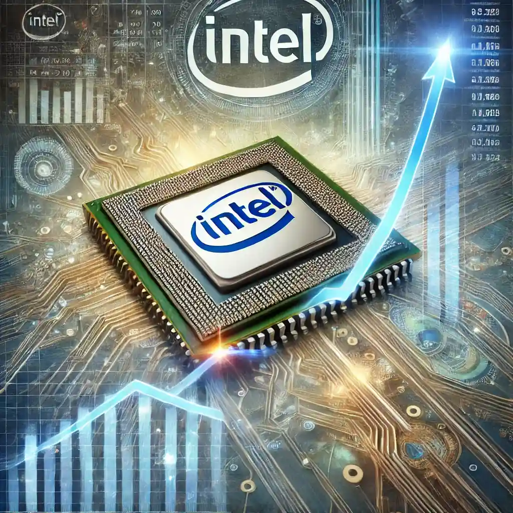 Illustration représentant l'ascension boursière d'Intel avec un graphique financier en hausse, un microprocesseur et des éléments visuels liés à l'intelligence artificielle et à la concurrence dans le secteur des semi-conducteurs.