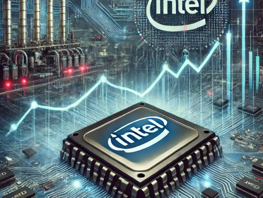 An illustration featuring an Intel microchip with a fluctuating stock market graph, AI circuit elements, and semiconductor factory visuals.