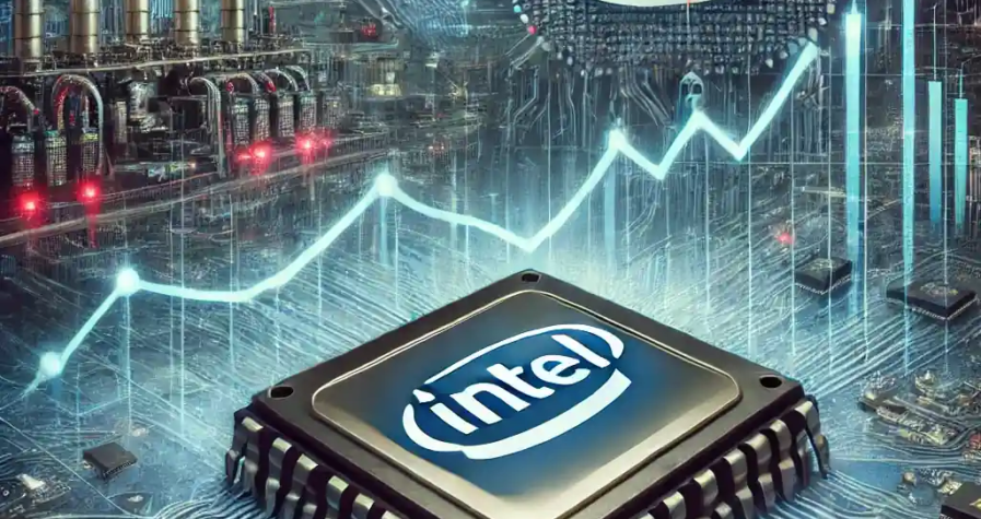 An illustration featuring an Intel microchip with a fluctuating stock market graph, AI circuit elements, and semiconductor factory visuals.