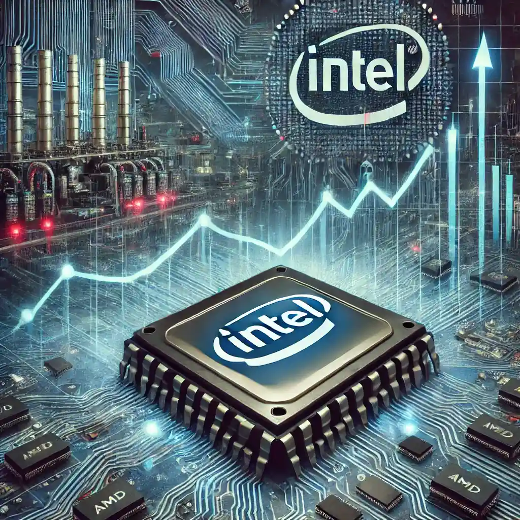 An illustration featuring an Intel microchip with a fluctuating stock market graph, AI circuit elements, and semiconductor factory visuals.