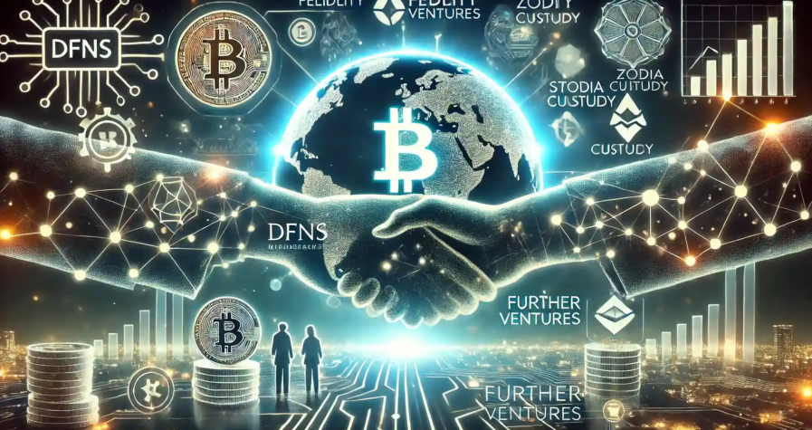 Illustration de l'investissement de 16 millions de dollars dans Dfns, avec une carte reliant Paris au Moyen-Orient, un portefeuille numérique futuriste et des symboles de partenariats financiers.