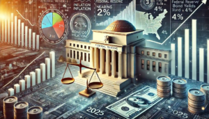 Illustration représentant la Réserve fédérale face aux défis économiques de 2025, avec des graphiques financiers, des obligations et des symboles d’équilibre.