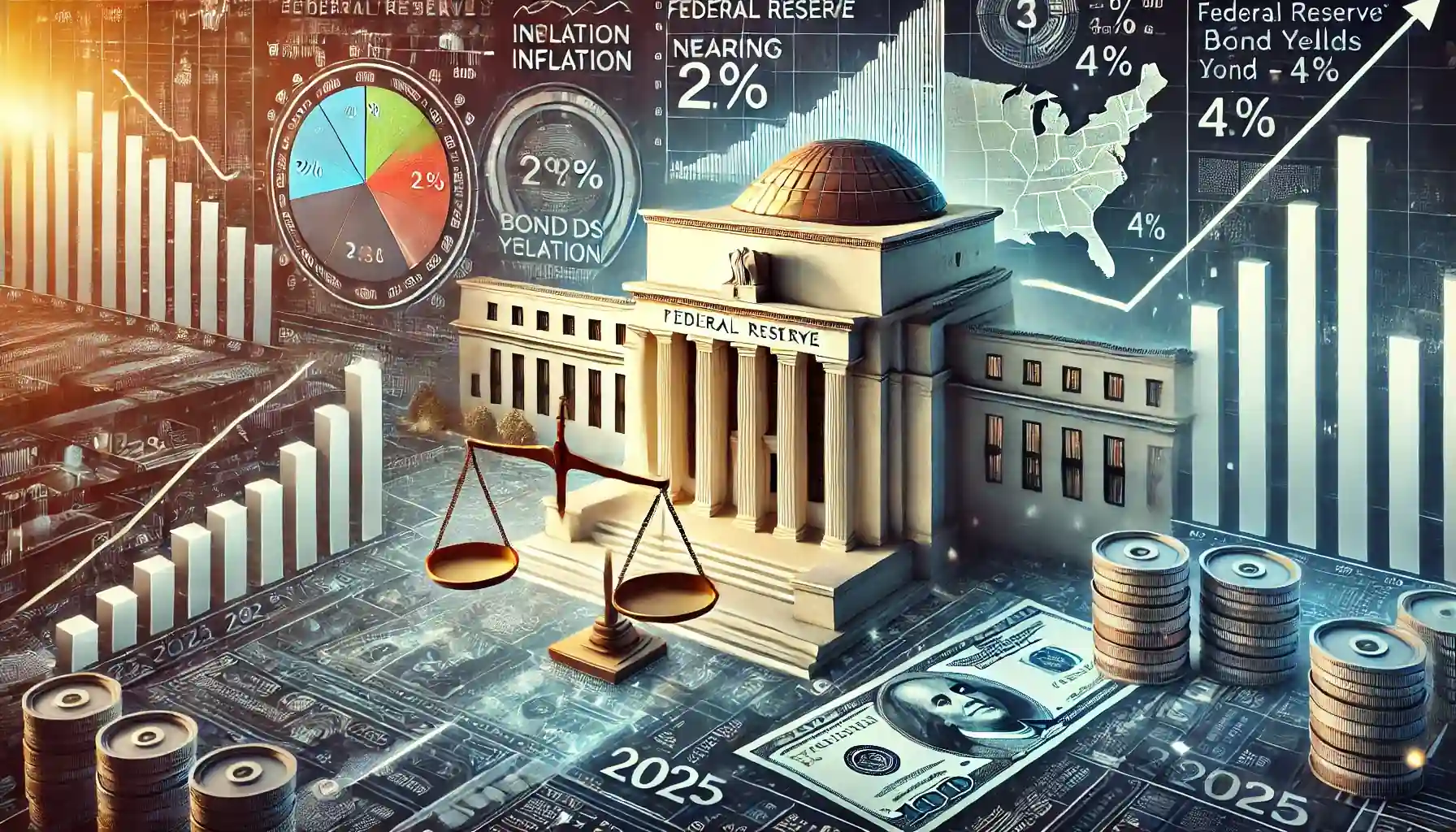 Illustration représentant la Réserve fédérale face aux défis économiques de 2025, avec des graphiques financiers, des obligations et des symboles d’équilibre.