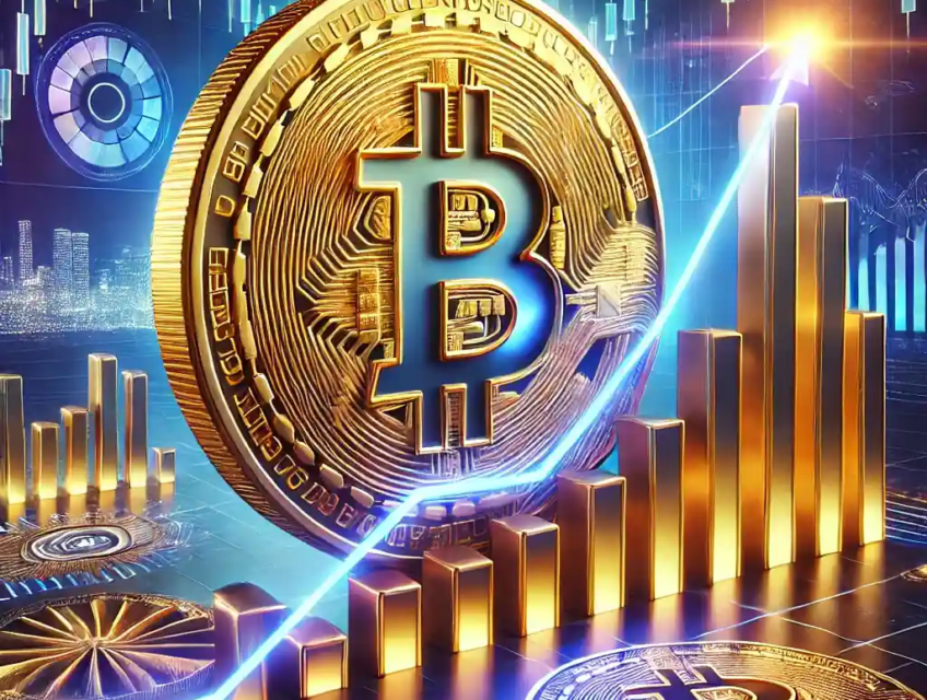 Une illustration numérique réaliste montrant une pièce de Bitcoin lumineuse en ascension sur un graphique, symbolisant la croissance transformative des crypto-monnaies, avec des graphiques financiers et des éléments futuristes en arrière-plan.
