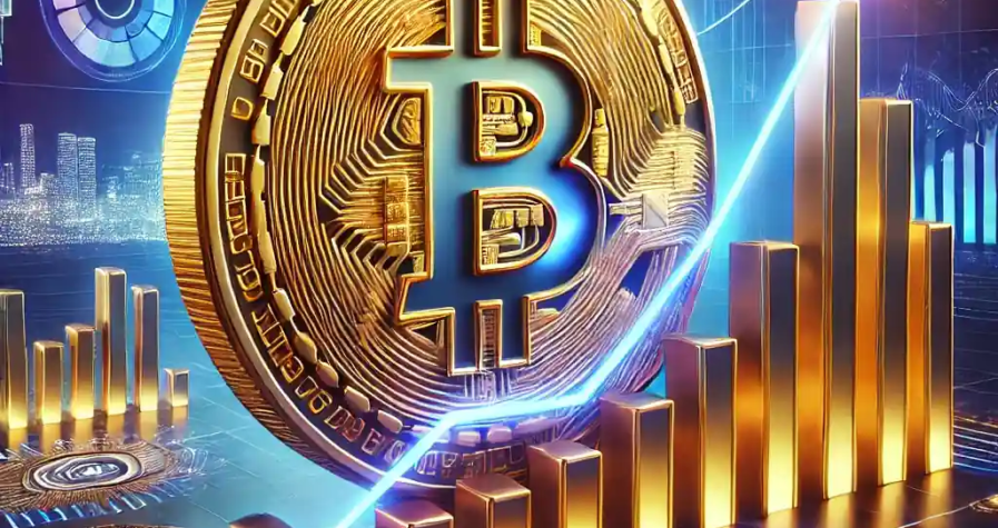 Une illustration numérique réaliste montrant une pièce de Bitcoin lumineuse en ascension sur un graphique, symbolisant la croissance transformative des crypto-monnaies, avec des graphiques financiers et des éléments futuristes en arrière-plan.