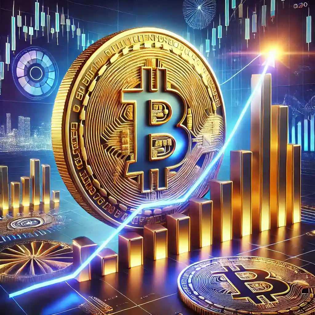 Une illustration numérique réaliste montrant une pièce de Bitcoin lumineuse en ascension sur un graphique, symbolisant la croissance transformative des crypto-monnaies, avec des graphiques financiers et des éléments futuristes en arrière-plan.