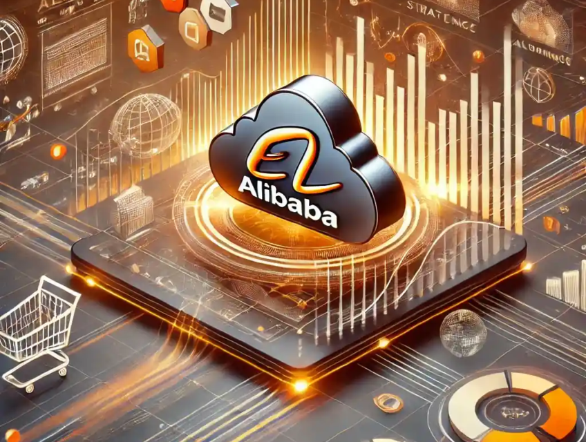 Illustration numérique moderne représentant le recentrage stratégique d'Alibaba sur le commerce en ligne et les plateformes numériques, avec le logo d'Alibaba, des graphiques financiers et des icônes de cloud computing.
