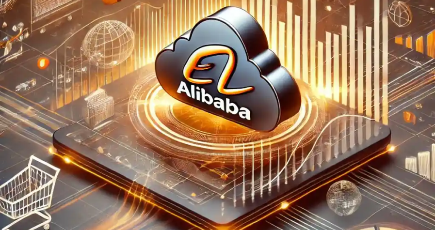 Illustration numérique moderne représentant le recentrage stratégique d'Alibaba sur le commerce en ligne et les plateformes numériques, avec le logo d'Alibaba, des graphiques financiers et des icônes de cloud computing.
