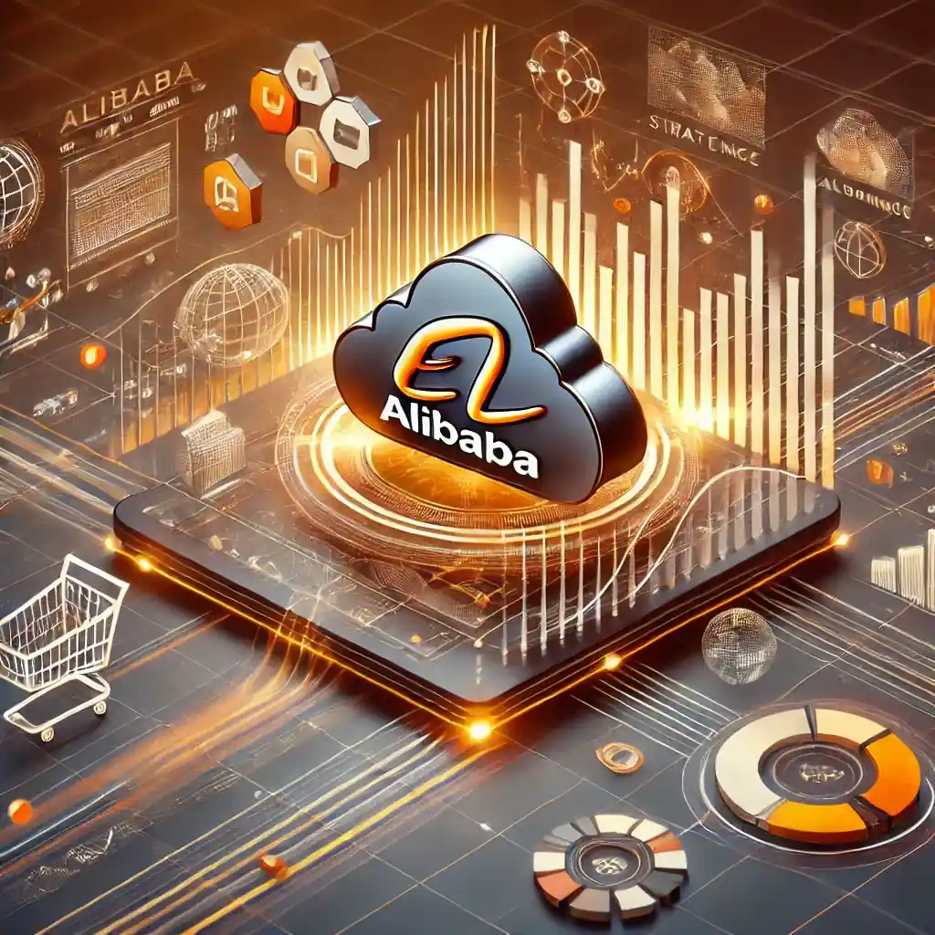 Illustration numérique moderne représentant le recentrage stratégique d'Alibaba sur le commerce en ligne et les plateformes numériques, avec le logo d'Alibaba, des graphiques financiers et des icônes de cloud computing.