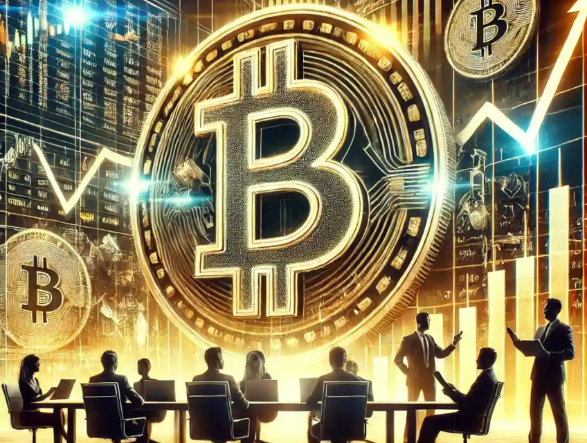 Une illustration représentant l'essor des ETF spot sur le Bitcoin, avec des graphiques financiers, des symboles de Bitcoin et des investisseurs analysant des données de marché.
