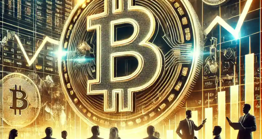 Une illustration représentant l'essor des ETF spot sur le Bitcoin, avec des graphiques financiers, des symboles de Bitcoin et des investisseurs analysant des données de marché.