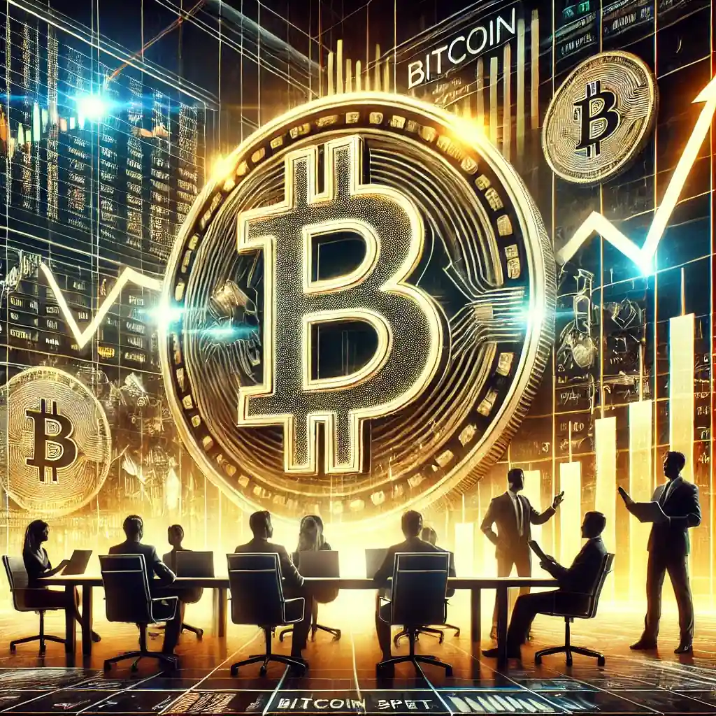 Une illustration représentant l'essor des ETF spot sur le Bitcoin, avec des graphiques financiers, des symboles de Bitcoin et des investisseurs analysant des données de marché.