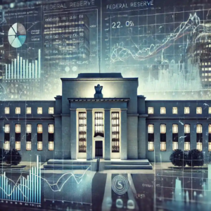 Illustration représentant la Réserve fédérale et son impact sur les marchés financiers avec des graphiques de taux d’intérêt fluctuants.