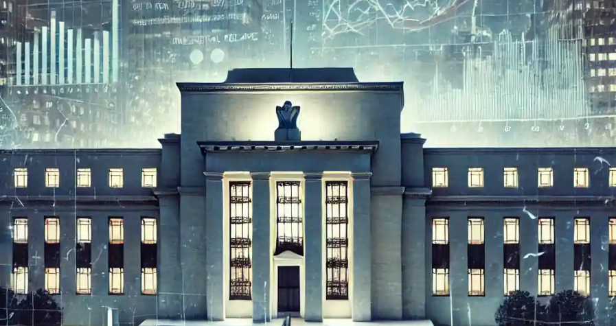 Illustration représentant la Réserve fédérale et son impact sur les marchés financiers avec des graphiques de taux d’intérêt fluctuants.