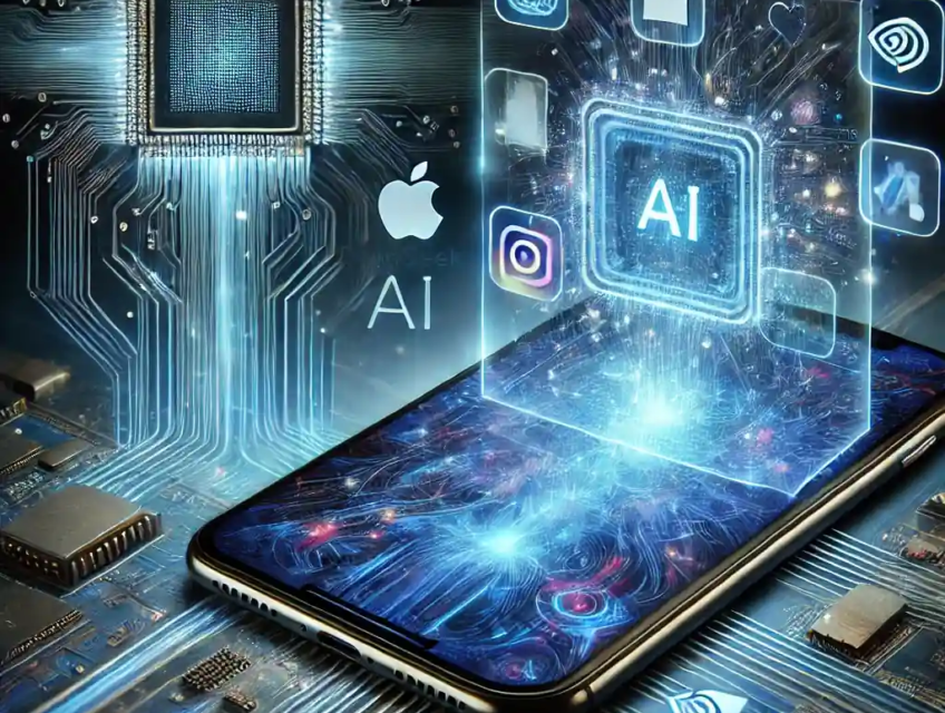 Une illustration futuriste représentant l'impact de DeepSeek AI sur Apple et l'industrie technologique. Un smartphone avancé avec des fonctionnalités d'IA illuminées et des icônes d'applications holographiques flottant au-dessus.
