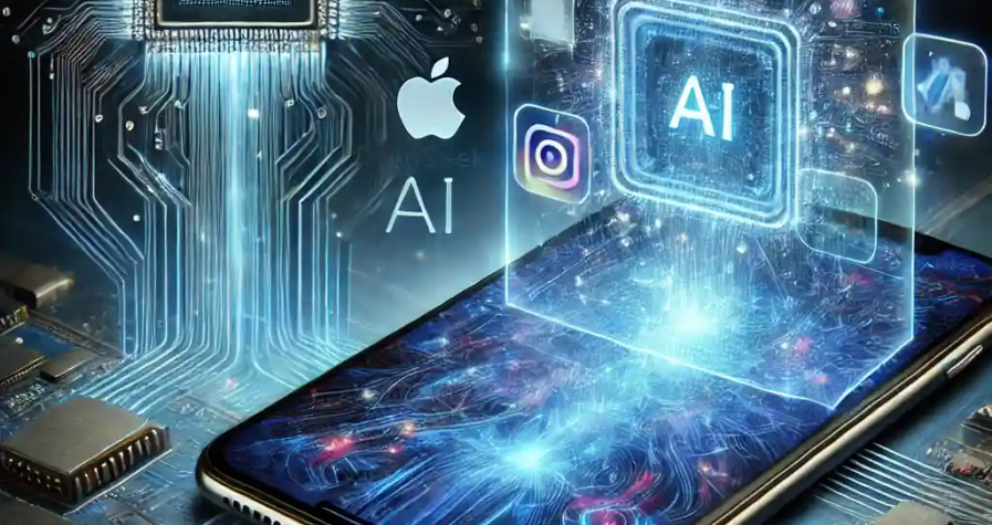 Une illustration futuriste représentant l'impact de DeepSeek AI sur Apple et l'industrie technologique. Un smartphone avancé avec des fonctionnalités d'IA illuminées et des icônes d'applications holographiques flottant au-dessus.