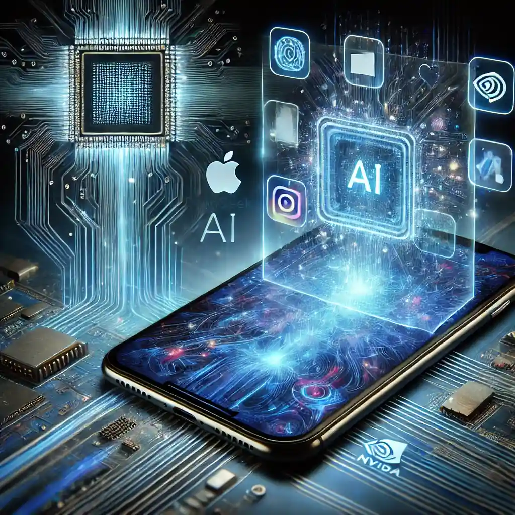 Une illustration futuriste représentant l'impact de DeepSeek AI sur Apple et l'industrie technologique. Un smartphone avancé avec des fonctionnalités d'IA illuminées et des icônes d'applications holographiques flottant au-dessus.
