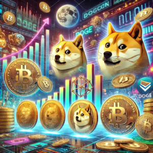 Une illustration dynamique montrant l'impact des mèmes coins sur le marché des crypto-monnaies, avec des éléments symboliques tels que Dogecoin, Shiba Inu, et blockchain.