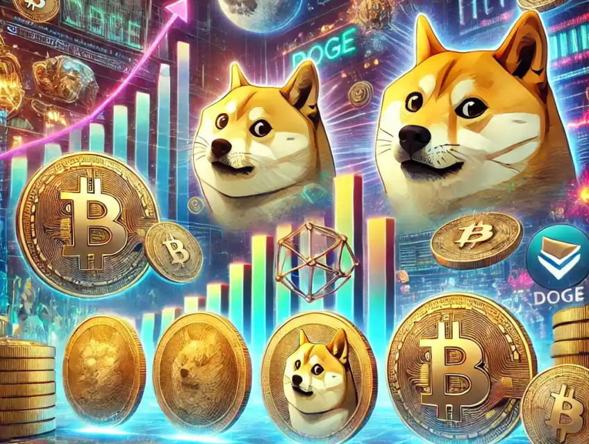 Une illustration dynamique montrant l'impact des mèmes coins sur le marché des crypto-monnaies, avec des éléments symboliques tels que Dogecoin, Shiba Inu, et blockchain.