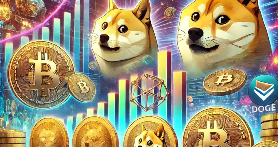 Une illustration dynamique montrant l'impact des mèmes coins sur le marché des crypto-monnaies, avec des éléments symboliques tels que Dogecoin, Shiba Inu, et blockchain.
