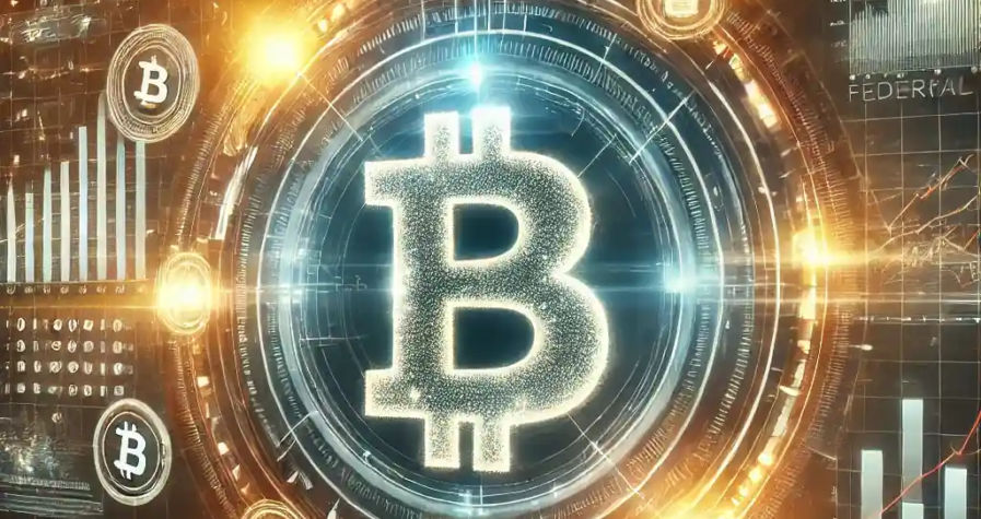 Illustration futuriste représentant la montée du Bitcoin en 2025, avec un symbole Bitcoin lumineux entouré de graphiques financiers dynamiques et de flux de transactions numériques.