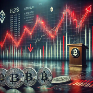 Une illustration symbolisant la récente chute des cryptomonnaies, avec un graphique en déclin, des symboles de Bitcoin, Chainlink, et Uniswap, et des données économiques en arrière-plan.