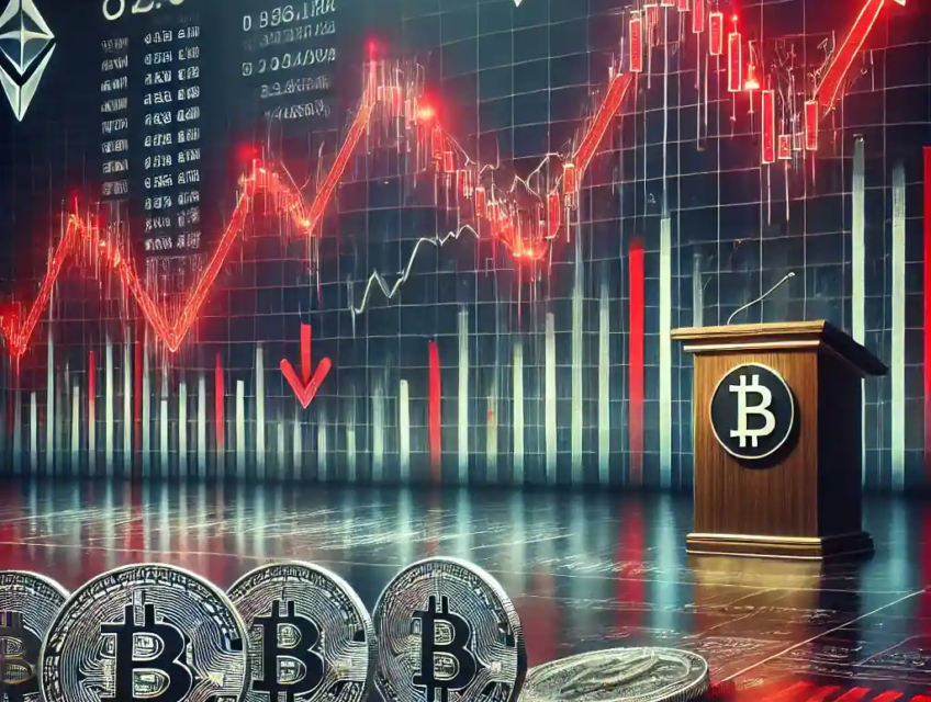 Une illustration symbolisant la récente chute des cryptomonnaies, avec un graphique en déclin, des symboles de Bitcoin, Chainlink, et Uniswap, et des données économiques en arrière-plan.