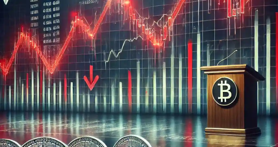 Une illustration symbolisant la récente chute des cryptomonnaies, avec un graphique en déclin, des symboles de Bitcoin, Chainlink, et Uniswap, et des données économiques en arrière-plan.