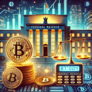 Illustration montrant l'impact de la Réserve Fédérale sur les crypto-monnaies, avec un bâtiment symbolique de la Fed, un Bitcoin en avant-plan, et des graphiques financiers lumineux.