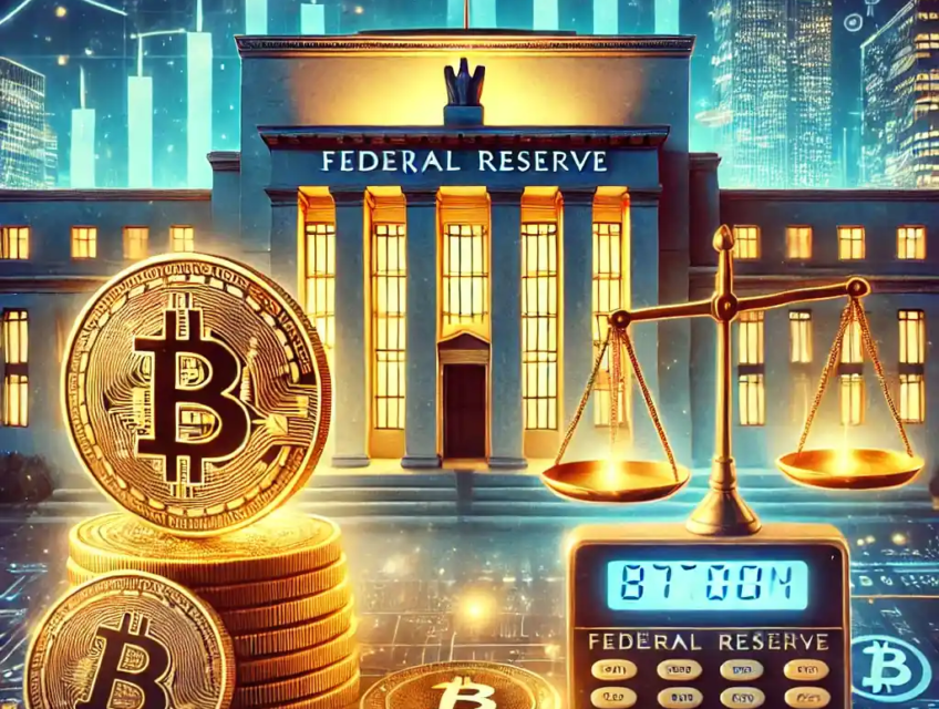 Illustration montrant l'impact de la Réserve Fédérale sur les crypto-monnaies, avec un bâtiment symbolique de la Fed, un Bitcoin en avant-plan, et des graphiques financiers lumineux.