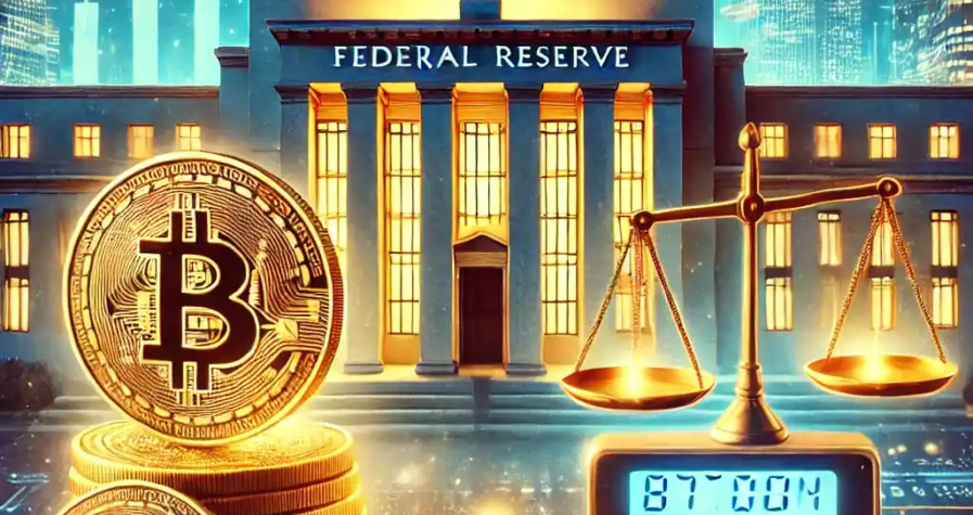 Illustration montrant l'impact de la Réserve Fédérale sur les crypto-monnaies, avec un bâtiment symbolique de la Fed, un Bitcoin en avant-plan, et des graphiques financiers lumineux.
